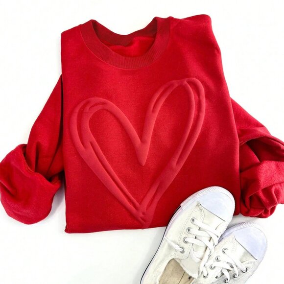 Tops - Red Casual Women's Double Heart Puff Sleeve Sweatshirt top